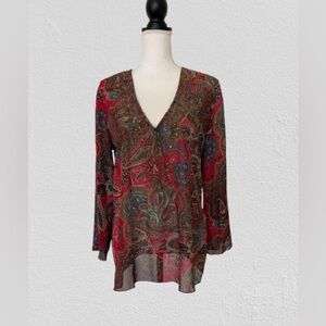 New Chico's Women’s Silk Paisley V-Neck Blouse - Red and Brown, Sz 1